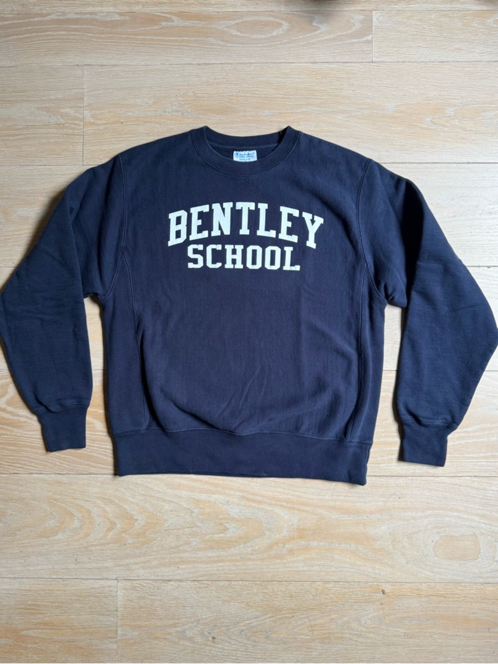 Champion Reverse Weave Navy Crewneck Sweatshirt with Cream Bentley School Logo